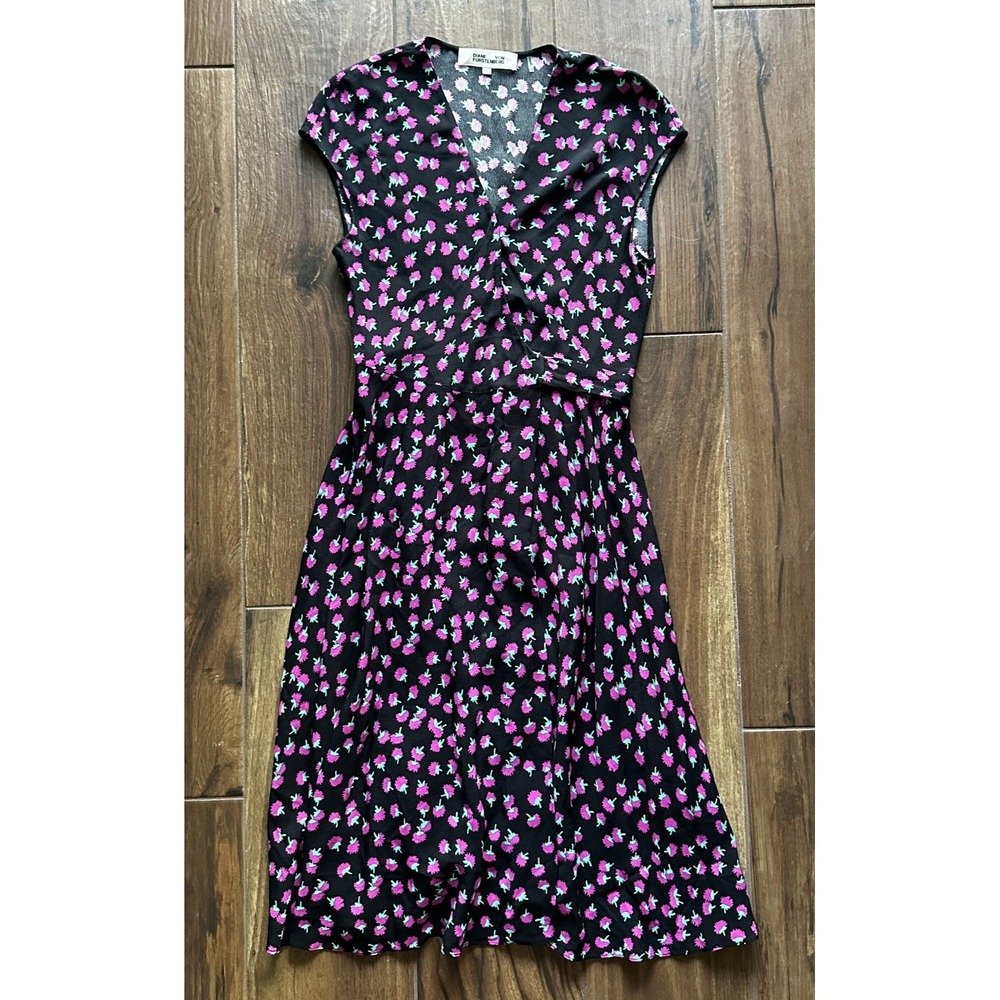 Diane Von Furstenberg Black Pink Floral Wrap Dress Sz 4 Spring Garden Party